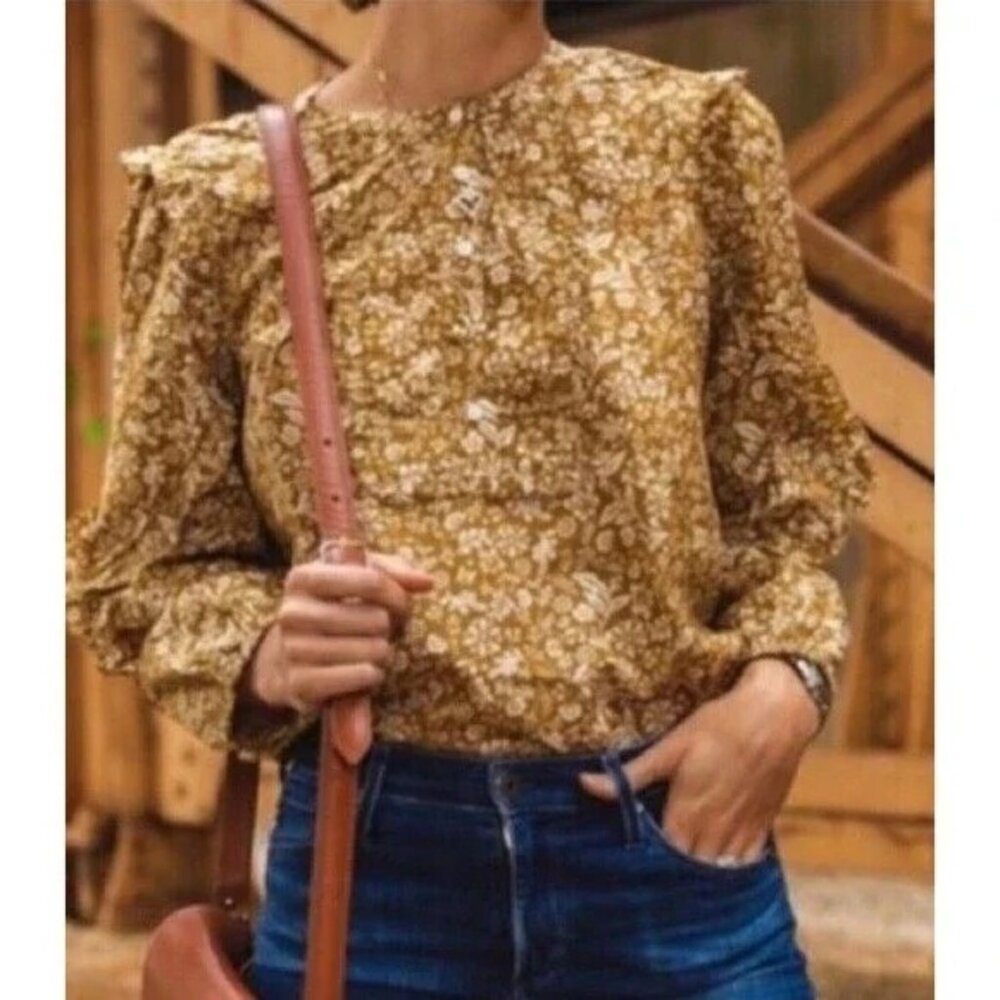 J.Crew Point Sur Floral Ruffle Sleeve Mustard Yellow Top